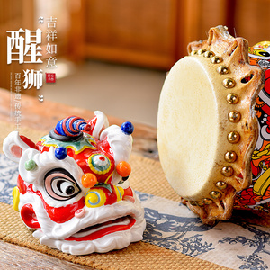 狮头舞狮摆件佛山醒狮鼓新中式家庭茶室软装品泥塑陶瓷非遗工艺品