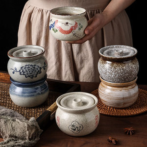 日式复古家用陶瓷隔水炖汤盅炖盅粗陶汤罐瓦罐陶罐小炖罐蒸碗罐盅