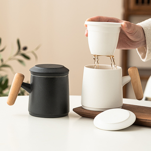 极素茶杯个人专用高档办公杯带手柄陶瓷水杯马克杯茶水分离大容量