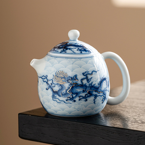 极素金银错青花龙纹茶壶圆融蛋形茶壶单个陶瓷功夫茶具家用泡茶壶