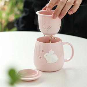 陶瓷兔子泡茶杯茶水分离办公室喝茶马克杯子带盖过滤女士个人专用