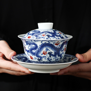 龙凤呈祥陶瓷三才盖碗茶杯家用高档功夫茶具单个青花泡茶盖碗套装