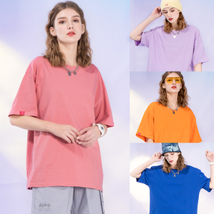 蓝色紫色短袖t恤女夏夏季纯色纯棉宽松t桖