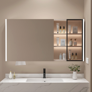 人体感应带层板灯玻璃门智能镜柜美妆化妆架纸巾孔浴室镜柜卫生间