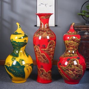 高档景德镇陶瓷器中国红手绘山水葫芦落地大花瓶装饰摆件客厅酒店