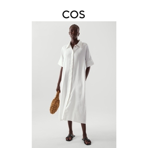 COS女装 休闲版型长款亚麻衬衫连衣裙白色新品1055373003