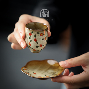 寂艺彩绘小碎花茶杯圆形品茗杯家用茶室陶瓷茶具小杯子杯垫套组