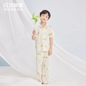 红豆居家夏季新品男儿童卡通棉纱短袖长裤套装家居服睡衣4J109