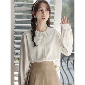 韩版甜美娃娃领花瓣长袖雪纺衬衫上衣女春季新款减龄气质独特小衫