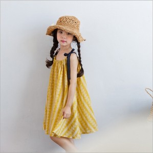 女童吊带裙背心韩版夏季新款宽松黄色印花雪花绑带中大童连衣裙