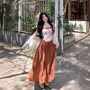 橘色新中式国风夏季套装网红吊带背心防晒开衫女显瘦半身裙三件套