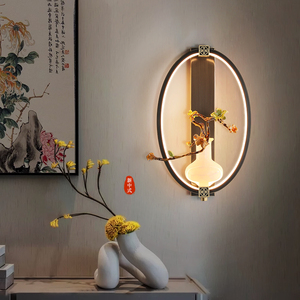 新中式新款全铜壁灯客厅背景墙灯创意卧室床头珐琅彩云石壁灯