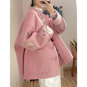 新中式女装中国风粉色双面羊绒大衣外套女款2024新款早春季高级感