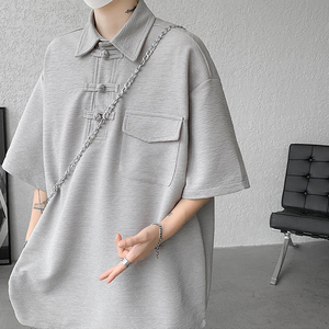 盘扣新中式国风短袖t恤小众设计感衬衫领七分袖胖子工装体恤夏季