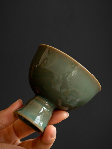 中式复古越窑青瓷贵妃高脚主人杯个人高足单杯茶杯品茗杯茶具茶壶
