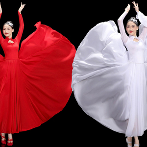 现代舞演出服女红色720度大摆舞蹈裙开场舞辉煌中国梦连衣裙白色