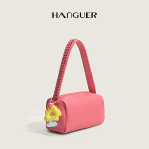 HANGUER＆CK 今年流行的粉色软皮枕头包编织小包包女单肩腋下包夏