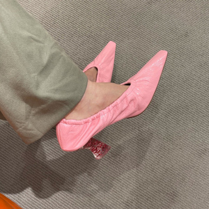 粉红色小方头女巫复古单鞋女2023春秋新款水晶粗跟真皮走秀高跟鞋