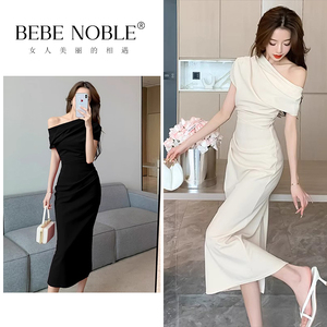 BEBE NOBLE法式名媛风气质斜肩修身连衣裙女夏季高级感包臀长裙