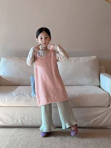 春季多巴胺穿搭韩系女童粉色长款马甲针织背心裙女宝宝花边喇叭裤