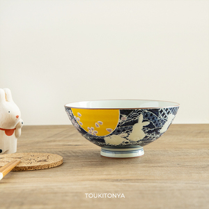 现货日本进口美浓烧陶瓷釉下彩七福兔兔子樱花饭碗汤碗面碗平茶碗