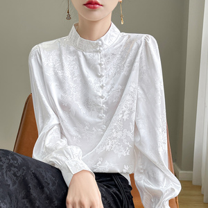 新中式真丝立领衬衫女复古提花气质珍珠扣长袖缎面衬衣外搭薄上衣