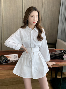 白色连衣裙女2024春夏新款设计感小众衬衫裙收腰显瘦气质系带裙子