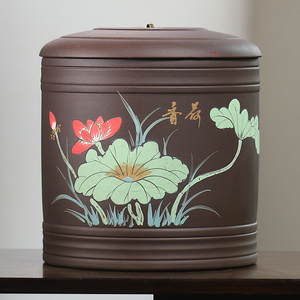 宜兴紫砂茶叶罐陶瓷大号手工中式复古荷花存储普洱茶饼收纳盒米缸