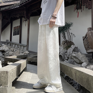 新中式男装白色醋酸缎面裤子男夏季薄款冰丝阔腿裤垂感速干防晒裤