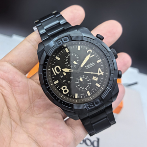 新款FOSSIL手表不锈钢酷黑茶色玻璃三眼计时商务休闲石英男士手表