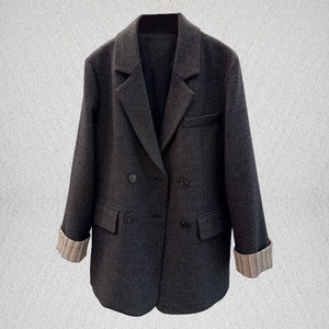 条纹翻袖撞色设计两色羊毛西装大衣女短款西装式休闲百搭时尚外套