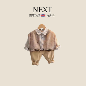 英国NEXT男童套装秋季新款宝宝周岁白色长袖衬衫卡其长裤俩件套潮