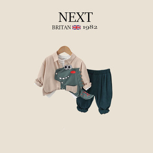 英国NEXT男童春秋季休闲套装宝宝周岁卡通恐龙纯棉长袖长裤俩件套