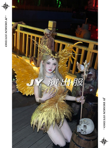 JY新款精灵写真主题摄影服装金色羽毛礼服夜店年会舞台酒吧演出服