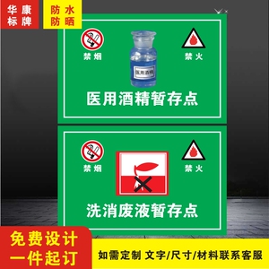 医用酒精暂存点 洗消液暂存点 医疗废物管理标语贴 防水PVC定制