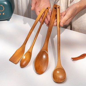 日式长把木勺子长柄搅拌勺韩式木头勺子餐勺家用蜂蜜勺圆柄长冰勺
