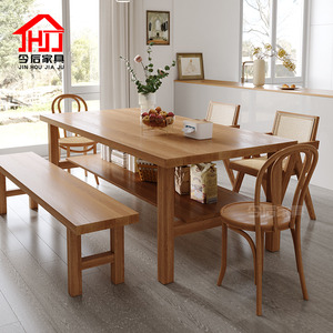 双层实木餐桌家用长方形多人大桌子长凳组合带储物饭桌两层实木桌