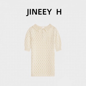 【JINEEY H】24新款凯旋门镂空钩花花纹纯色娃娃领针织连衣裙女