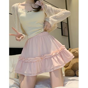 粉色蛋糕裙半身裙2024年新款夏季高腰小个子蓬蓬芭蕾风木耳边短裙