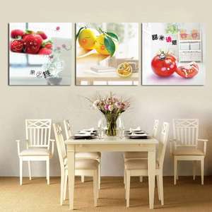 开心水果表情餐厅装饰画冰晶玻璃无框画厨房饭厅壁画挂画三联墙画