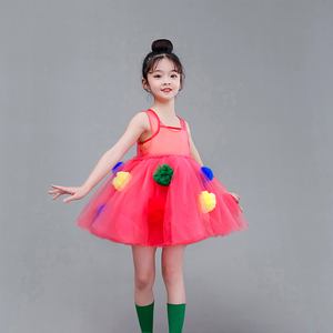 六一儿童演出服蓬蓬纱裙幼儿园红色表演服彩球可爱少儿舞蹈服装女