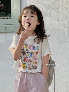 韩国童装2024春夏新款女童卡通纯棉短袖T恤儿童洋气百搭短款上衣