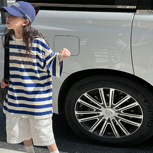 波拉bora韩国童装女童条纹宽松上衣夏装新款男童韩版短袖T恤洋气