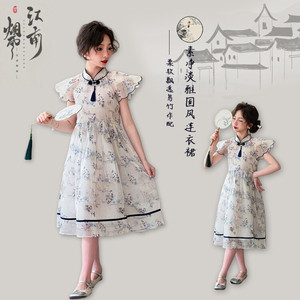 女童新中式旗袍2024夏季中国风母女亲子装青花瓷改良版汉服连衣裙