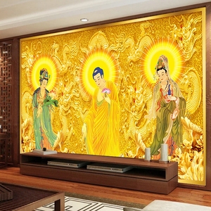 西方三圣菩萨壁纸无缝大型壁画阿弥陀佛背景墙纸