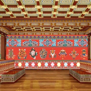 西藏式密宗吉祥八宝大型壁画神台吊顶墙纸天花板屋顶横梁壁纸