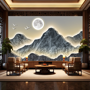 3D立体新中式茶室装修壁画客厅电视背景墙纸酒店大气浮雕山水壁布