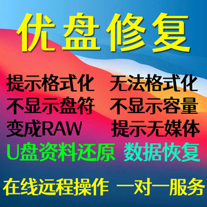 在线优盘修复不显示盘符容量无法格式化无媒体变RAW远程数据恢复