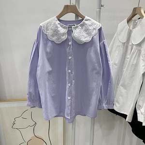 韩国春季新款甜美减龄蕾丝花边娃娃领宽松长袖衬衫女上衣外套紫色