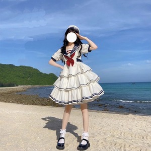海军风三段式lolita白色刺绣连衣裙op学院风可爱蓬蓬公主裙夏季